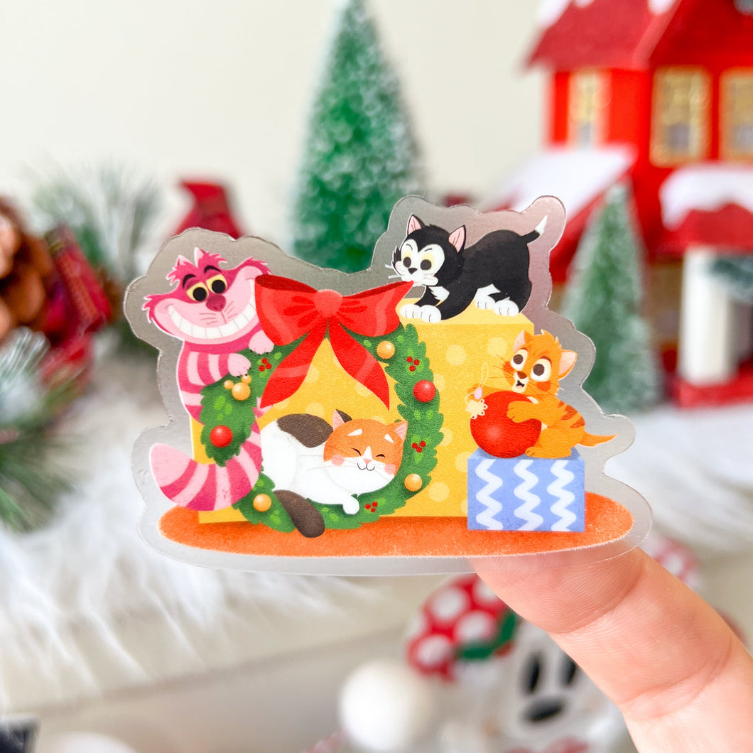 Cheshire, Mochi, Figaro, & Oliver Christmas Wreath & Presents Transparent Sticker